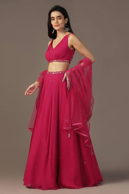 Buy Pooja Peshoria Pink Net, Georgette Embroidery, Sequins V-neck Floral Lehenga Set Online at Aza Fashions Buy_Pooja Peshoria_Pink Net, Georgette Embroidery, Sequins V-neck Floral Lehenga Set _Online_at_Aza_Fashions