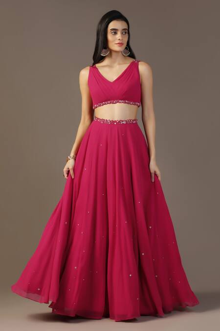 Shop Pooja Peshoria Pink Net, Georgette Embroidery, Sequins V-neck Floral Lehenga Set Online at Aza Fashions Shop_Pooja Peshoria_Pink Net, Georgette Embroidery, Sequins V-neck Floral Lehenga Set _Online_at_Aza_Fashions