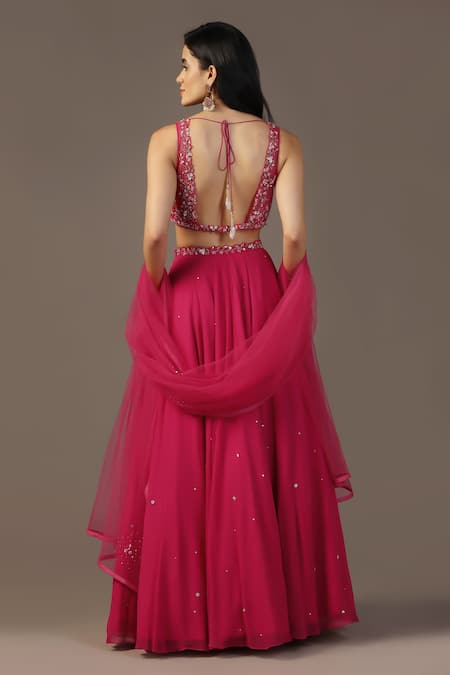 Pooja Peshoria Pink Net, Georgette Embroidery, Sequins V-neck Floral Lehenga Set at Aza Fashions Pooja Peshoria_Pink Net, Georgette Embroidery, Sequins V-neck Floral Lehenga Set _at_Aza_Fashions