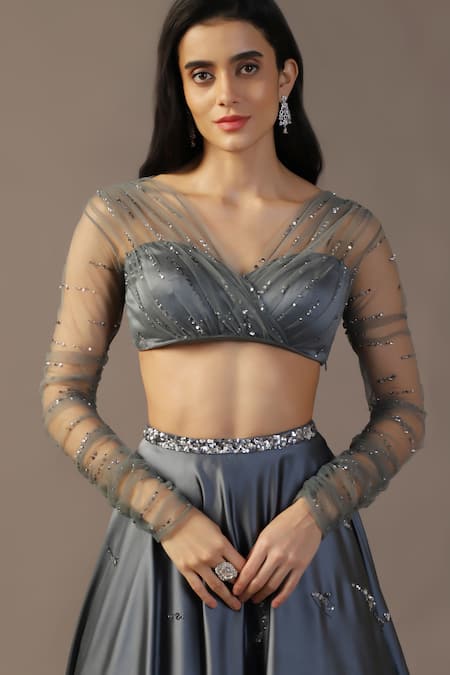 Pooja Peshoria_Gray Net, Satin Sequins, Embroidery, Crystals V-neck Grey Lehenga Set _Online_at_Aza_Fashions