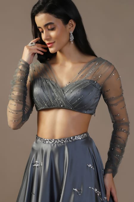 Buy_Pooja Peshoria_Gray Net, Satin Sequins, Embroidery, Crystals V-neck Grey Lehenga Set _Online_at_Aza_Fashions
