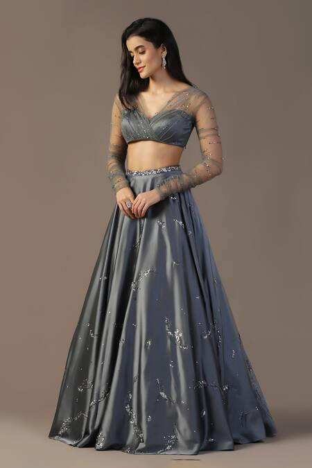 Pooja Peshoria_Gray Net, Satin Sequins, Embroidery, Crystals V-neck Grey Lehenga Set _at_Aza_Fashions