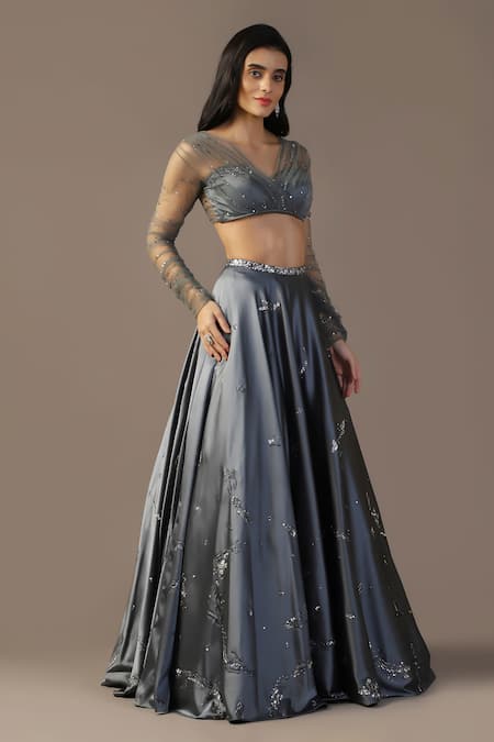 Buy_Pooja Peshoria_Gray Net, Satin Sequins, Embroidery, Crystals V-neck Grey Lehenga Set 