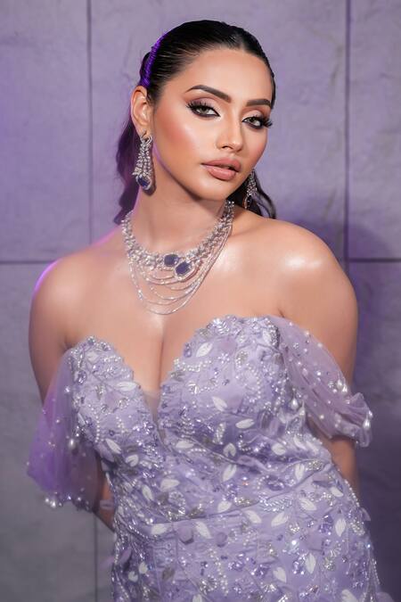 Buy_Pooja Peshoria_Purple Net, Crepe Pearls, Sequins, Beads Lilac Hand Embroidered Mermaid Gown _Online_at_Aza_Fashions