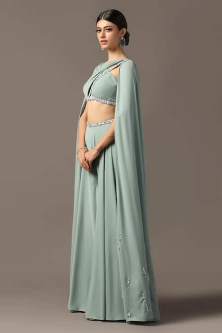 Pooja Peshoria_Green Polyester, Georgette Embroidery, Crystals Halter Draped Top And Sharara Set _Online_at_Aza_Fashions