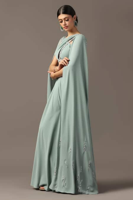 Buy_Pooja Peshoria_Green Polyester, Georgette Embroidery, Crystals Halter Draped Top And Sharara Set _Online_at_Aza_Fashions