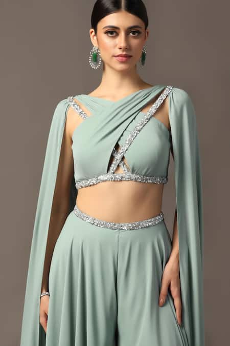 Shop_Pooja Peshoria_Green Polyester, Georgette Embroidery, Crystals Halter Draped Top And Sharara Set _Online_at_Aza_Fashions