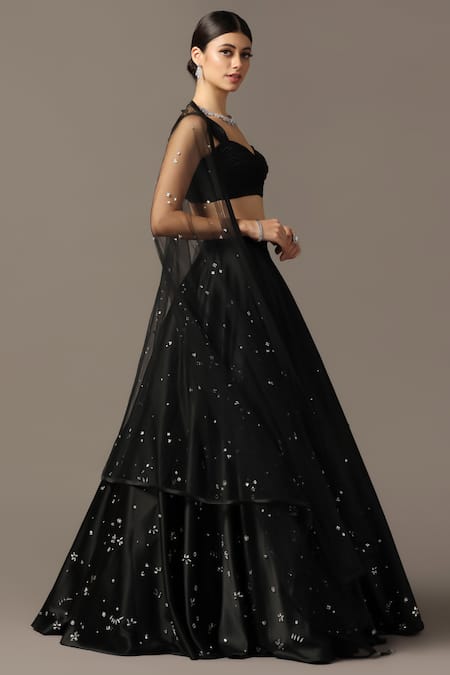 Buy_Pooja Peshoria_Black Net, Satin Sequins, Crystals Sweetheart Neck Embroidered Lehenga Set _Online_at_Aza_Fashions