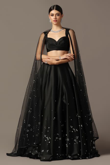 Shop_Pooja Peshoria_Black Net, Satin Sequins, Crystals Sweetheart Neck Embroidered Lehenga Set _Online_at_Aza_Fashions