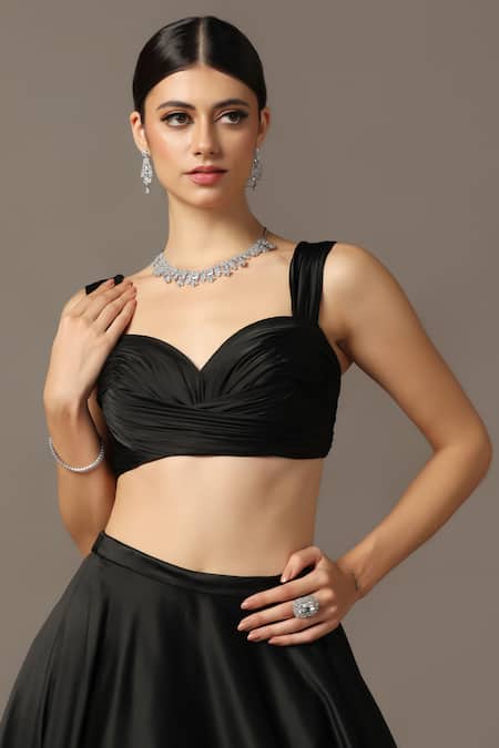 Pooja Peshoria_Black Net, Satin Sequins, Crystals Sweetheart Neck Embroidered Lehenga Set _at_Aza_Fashions