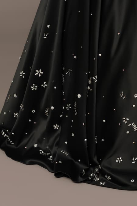 Shop_Pooja Peshoria_Black Net, Satin Sequins, Crystals Sweetheart Neck Embroidered Lehenga Set 