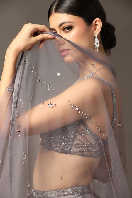 Pooja Peshoria Gray Net, Satin Sequins, Crystals Sweetheart Grey Hand Embroidered Lehenga Set Online at Aza Fashions Pooja Peshoria_Gray Net, Satin Sequins, Crystals Sweetheart Grey Hand Embroidered Lehenga Set _Online_at_Aza_Fashions