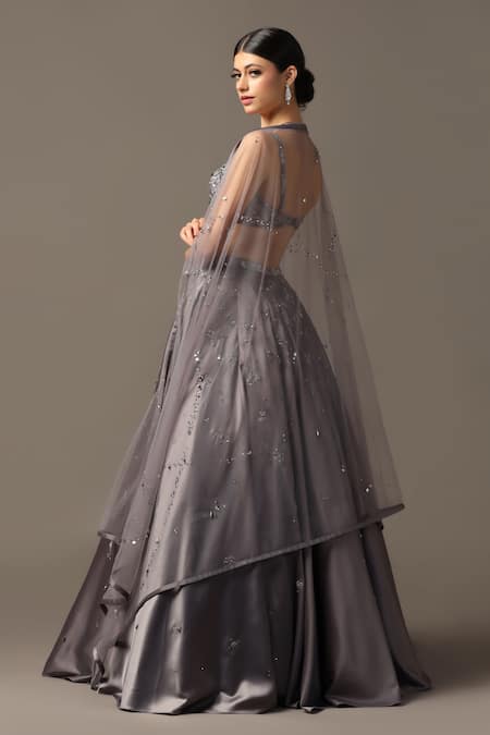 Shop Pooja Peshoria Gray Net, Satin Sequins, Crystals Sweetheart Grey Hand Embroidered Lehenga Set at Aza Fashions Shop_Pooja Peshoria_Gray Net, Satin Sequins, Crystals Sweetheart Grey Hand Embroidered Lehenga Set _at_Aza_Fashions