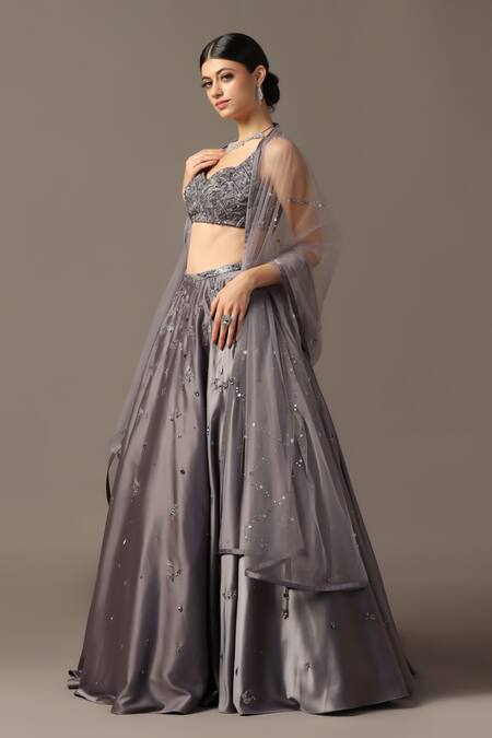 Shop Pooja Peshoria Gray Net, Satin Sequins, Crystals Sweetheart Grey Hand Embroidered Lehenga Set Online at Aza Fashions Shop_Pooja Peshoria_Gray Net, Satin Sequins, Crystals Sweetheart Grey Hand Embroidered Lehenga Set _Online_at_Aza_Fashions