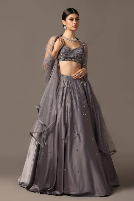 Pooja Peshoria Gray Net, Satin Sequins, Crystals Sweetheart Grey Hand Embroidered Lehenga Set at Aza Fashions Pooja Peshoria_Gray Net, Satin Sequins, Crystals Sweetheart Grey Hand Embroidered Lehenga Set _at_Aza_Fashions