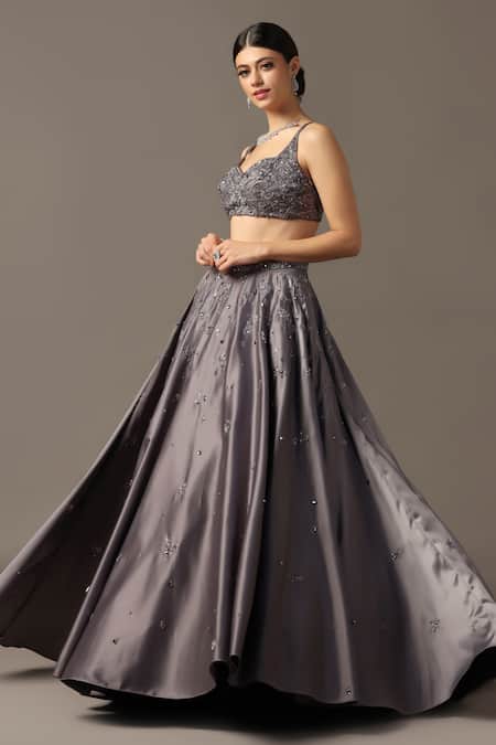 Buy Pooja Peshoria Gray Net, Satin Sequins, Crystals Sweetheart Grey Hand Embroidered Lehenga Set Buy_Pooja Peshoria_Gray Net, Satin Sequins, Crystals Sweetheart Grey Hand Embroidered Lehenga Set