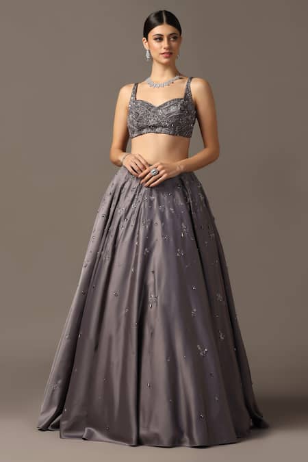 Shop Pooja Peshoria Gray Net, Satin Sequins, Crystals Sweetheart Grey Hand Embroidered Lehenga Set Shop_Pooja Peshoria_Gray Net, Satin Sequins, Crystals Sweetheart Grey Hand Embroidered Lehenga Set