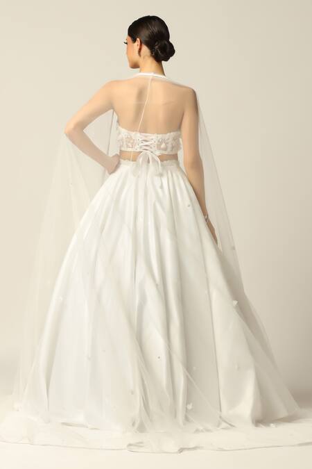 Pooja Peshoria 3D Floral Embroidered White Lehenga Set 