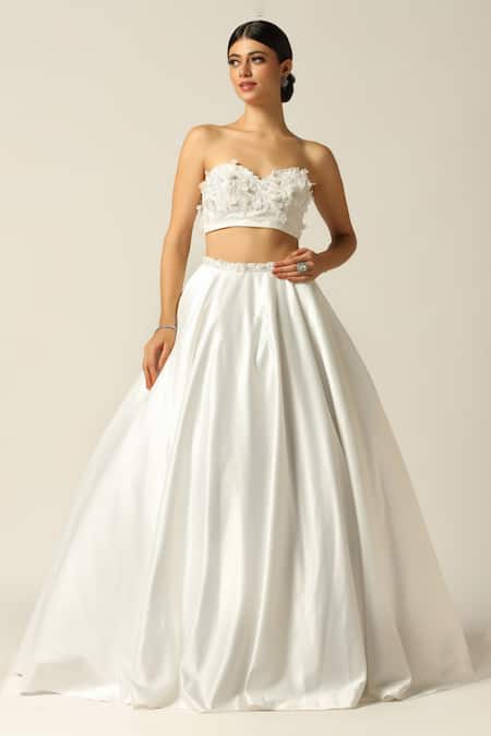 Shop_Pooja Peshoria_White Net, Satin Embroidery, Sequins, Crystals, Fabric 3d Floral Lehenga Set _Online_at_Aza_Fashions