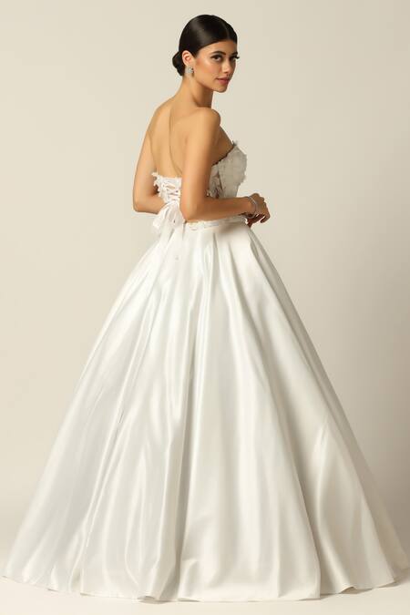 Pooja Peshoria_White Net, Satin Embroidery, Sequins, Crystals, Fabric 3d Floral Lehenga Set _at_Aza_Fashions