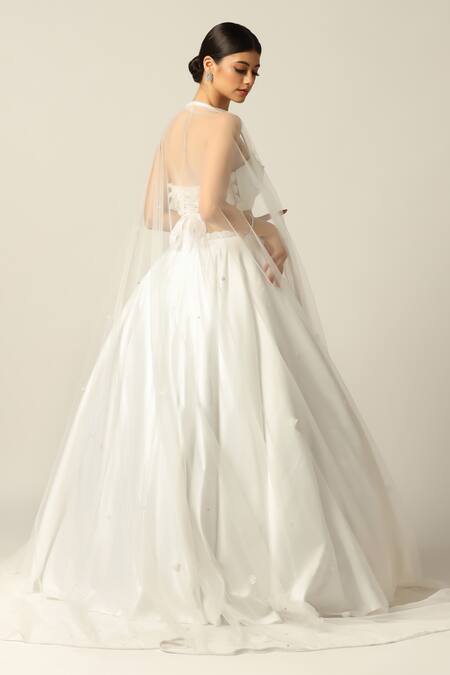 Buy_Pooja Peshoria_White Net, Satin Embroidery, Sequins, Crystals, Fabric 3d Floral Lehenga Set 