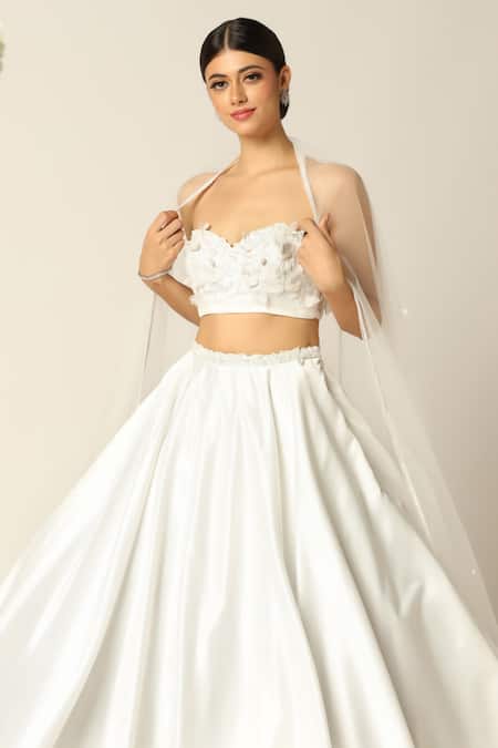 Shop_Pooja Peshoria_White Net, Satin Embroidery, Sequins, Crystals, Fabric 3d Floral Lehenga Set 