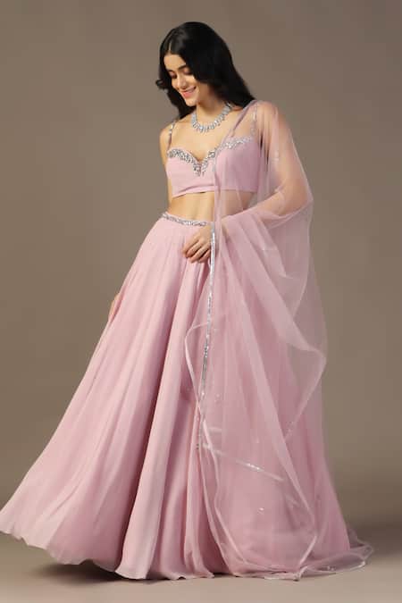 Shop_Pooja Peshoria_Purple Net, Georgette Beads, Sequins, Crystals Embroidered Lehenga Set 