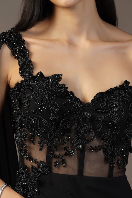 Pooja Peshoria_Black Net, Georgette Embroidery Sweetheart Neck Floral Draped Gown _Online_at_Aza_Fashions