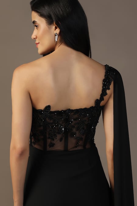 Buy_Pooja Peshoria_Black Net, Georgette Embroidery Sweetheart Neck Floral Draped Gown _Online_at_Aza_Fashions