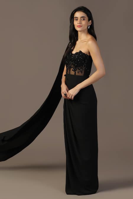 Pooja Peshoria_Black Net, Georgette Embroidery Sweetheart Neck Floral Draped Gown _at_Aza_Fashions