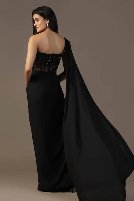 Buy_Pooja Peshoria_Black Net, Georgette Embroidery Sweetheart Neck Floral Draped Gown 