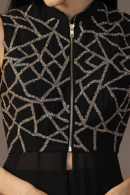 Pooja Peshoria_Black Georgette Beads, Cut Work Abstract Geometric Embroidered Jacket Kurta Set _Online_at_Aza_Fashions
