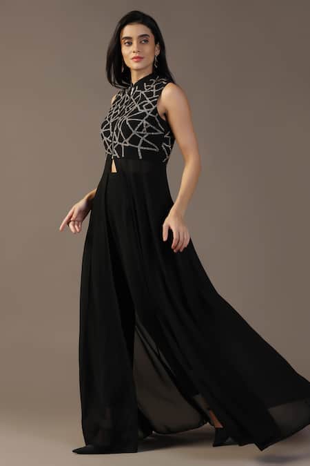 Buy_Pooja Peshoria_Black Georgette Beads, Cut Work Abstract Geometric Embroidered Jacket Kurta Set _Online_at_Aza_Fashions