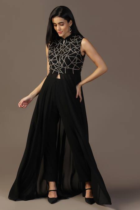 Shop_Pooja Peshoria_Black Georgette Beads, Cut Work Abstract Geometric Embroidered Jacket Kurta Set _Online_at_Aza_Fashions