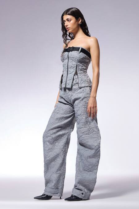Shop_Cilvr_Gray Polyester, Viscose Slate Grey Crushed Texture D Cut Pant _at_Aza_Fashions
