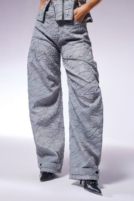 Cilvr_Gray Polyester, Viscose Slate Grey Crushed Texture D Cut Pant _Online_at_Aza_Fashions