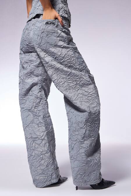 Buy_Cilvr_Gray Polyester, Viscose Slate Grey Crushed Texture D Cut Pant _Online_at_Aza_Fashions
