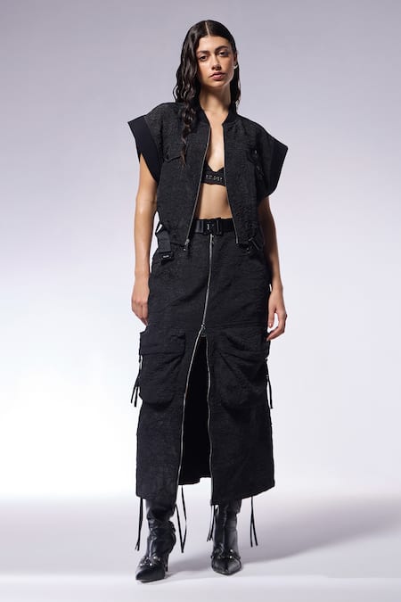 CILVR Crush Textured High Waist Cargo Skirt With Belt 