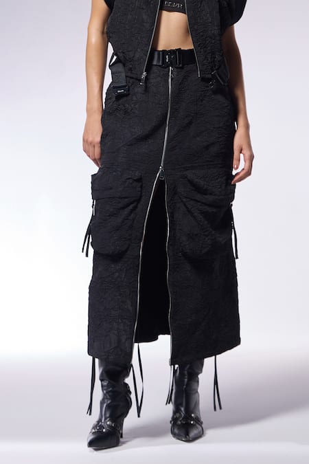 Shop Cilvr Black Polyester, Viscose Crushed Texture High Waist Cargo Skirt at Aza Fashions Shop_Cilvr_Black Polyester, Viscose Crushed Texture High Waist Cargo Skirt _at_Aza_Fashions