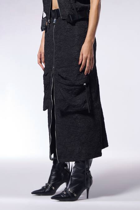 Buy Cilvr Black Polyester, Viscose Crushed Texture High Waist Cargo Skirt Online at Aza Fashions Buy_Cilvr_Black Polyester, Viscose Crushed Texture High Waist Cargo Skirt _Online_at_Aza_Fashions