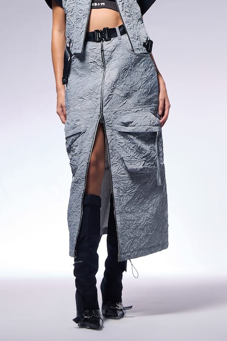 Cilvr_Black 90% Polyester Print Paper Crushed Midi Skirt_Online_at_Aza_Fashions