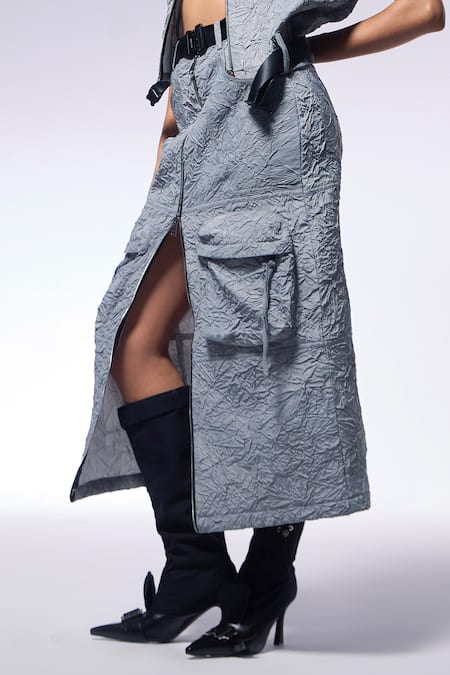 Shop_Cilvr_Black 90% Polyester Print Paper Crushed Midi Skirt_Online_at_Aza_Fashions