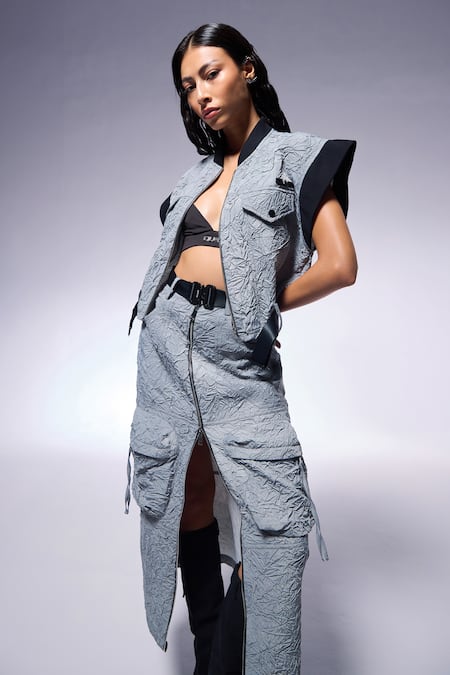 Cilvr_Black 90% Polyester Print Paper Crushed Midi Skirt_at_Aza_Fashions