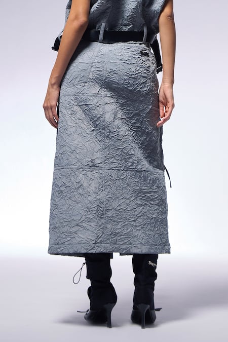 Buy_Cilvr_Black 90% Polyester Print Paper Crushed Midi Skirt