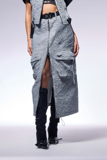 Cilvr_Gray Polyester, Viscose Slate Grey Crushed High Waist Cargo Skirt _Online_at_Aza_Fashions