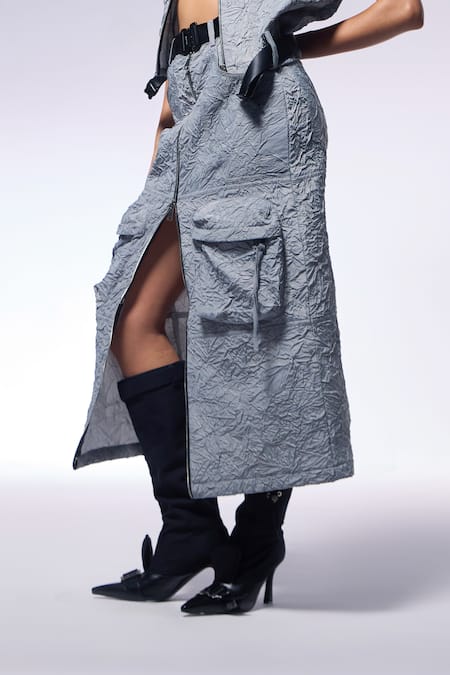Buy_Cilvr_Gray Polyester, Viscose Slate Grey Crushed High Waist Cargo Skirt _Online_at_Aza_Fashions