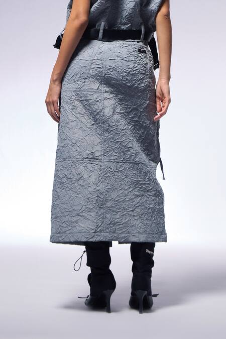 Shop_Cilvr_Gray Polyester, Viscose Slate Grey Crushed High Waist Cargo Skirt _Online_at_Aza_Fashions