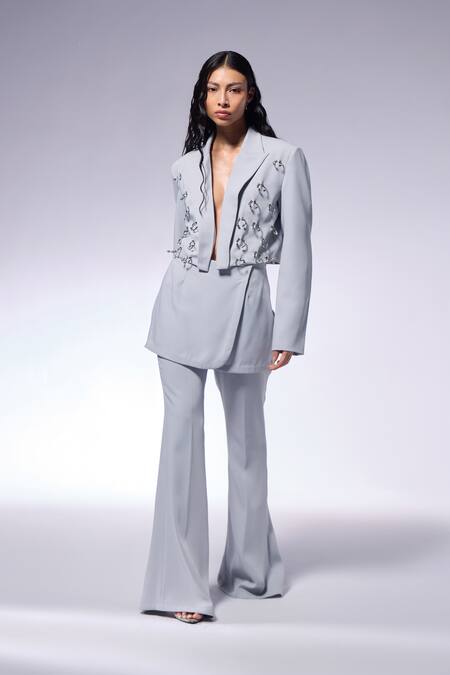 Shop Cilvr Gray Polyester, Viscose High Waist Wide Legged Skouser Pant at Aza Fashions Shop_Cilvr_Gray Polyester, Viscose High Waist Wide Legged Skouser Pant _at_Aza_Fashions