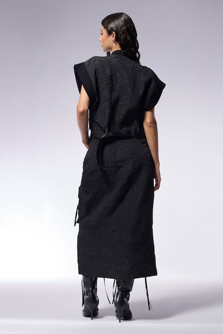 Shop Cilvr Black Polyester, Viscose Crushed Texture Crop Jacket And Cargo Skirt Set at Aza Fashions Shop_Cilvr_Black Polyester, Viscose Crushed Texture Crop Jacket And Cargo Skirt Set _at_Aza_Fashions