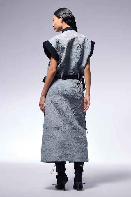 Cilvr Gray Polyester, Viscose Collared Slate Grey Crushed Crop Jacket And Cargo Skirt Online at Aza Fashions Cilvr_Gray Polyester, Viscose Collared Slate Grey Crushed Crop Jacket And Cargo Skirt _Online_at_Aza_Fashions